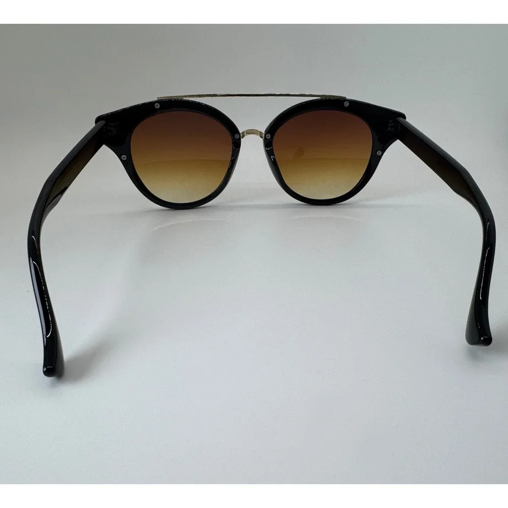 Womens Black Cat Eye Sunglasses Gold Double Bridge Gradient Brown Lens UV400